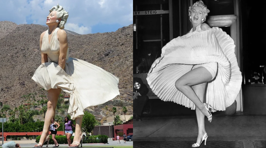 Side-by-side images: on the left, a large outdoor statue of a woman in a white dress with skirt blown upwards; on the right, a black-and-white photo of a woman in the same pose and outfit, smiling.