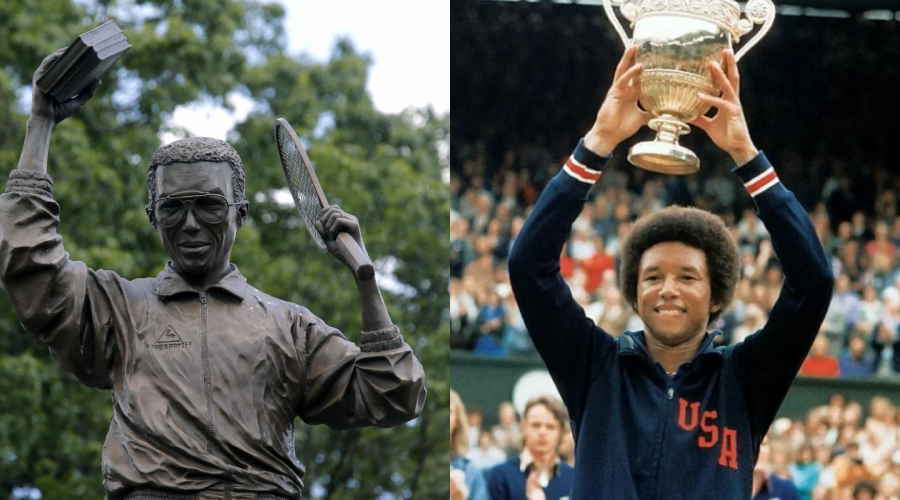 A split image showing a statue of a tennis player holding a racket and book on the left, and a man in a USA jacket holding a trophy above his head on the right, with a crowd in the background.