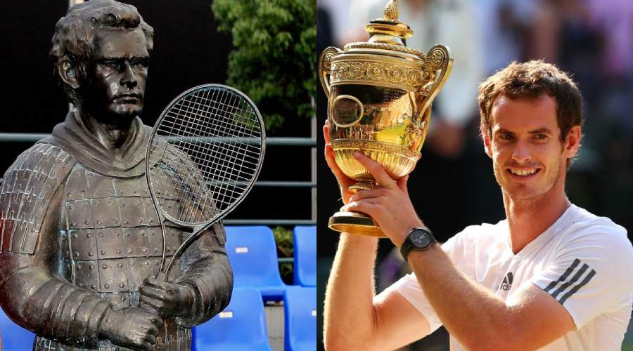A split image shows a bronze statue of a tennis player holding a racquet on the left, and a smiling man in a white shirt holding up a large gold trophy on the right.