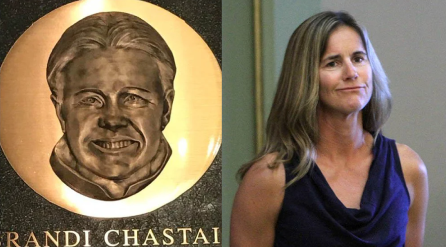 A bronze plaque featuring a woman's face is shown on the left, with a real-life woman with long, light brown hair wearing a sleeveless dark top standing on the right. The two images are side by side.
