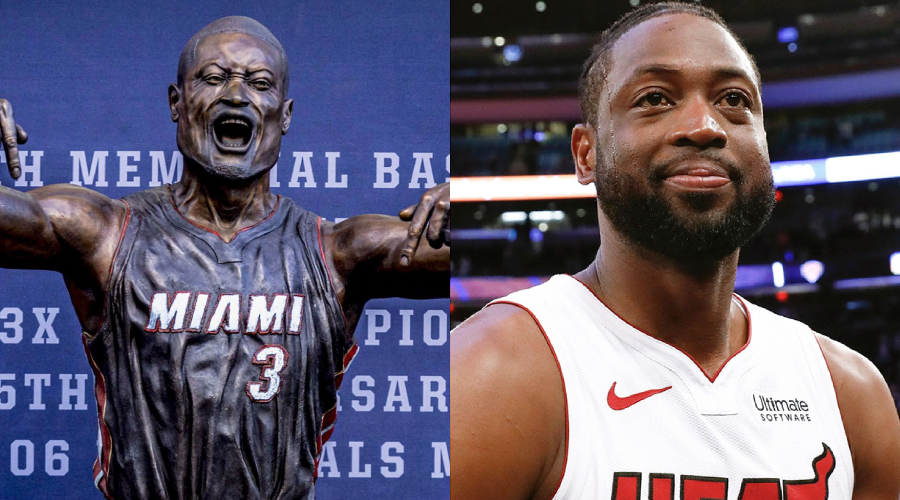 Split image: On the left, a bronze statue of a basketball player in a Miami Heat jersey with "3" and arms raised. On the right, a Miami Heat player in a white jersey stands on a basketball court, looking ahead and smiling.