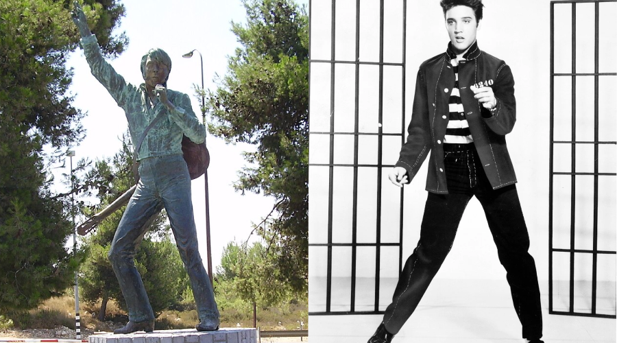 A split image: on the left, a statue of a man with a guitar stands outdoors among trees; on the right, a black-and-white photo shows a man dancing in front of jail cell bars, dressed in jail attire.