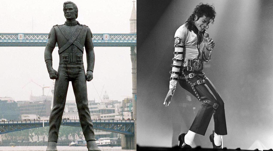Split image: On the left, a statue of Michael Jackson in a futuristic outfit stands in front of London's Tower Bridge; on the right, Michael Jackson performs on stage, wearing a white shirt and black pants, striking a dance pose.