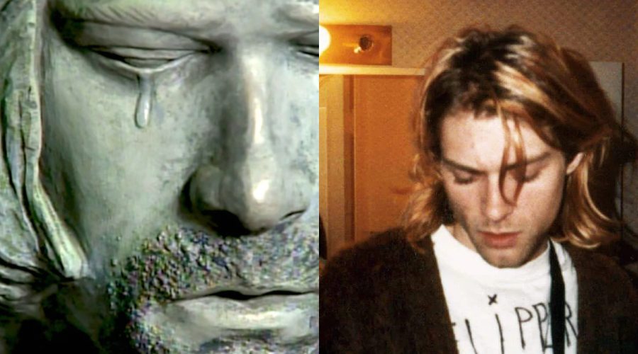 A split image: on the left, a close-up of a stone statue’s face with a single tear; on the right, a young man with long blond hair looks down, wearing a white shirt and dark cardigan, standing indoors.