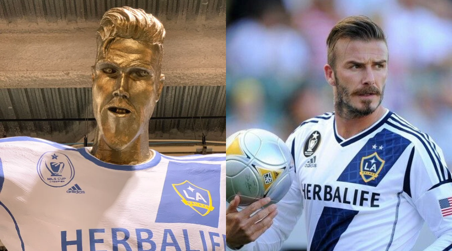 A side-by-side comparison of a gold statue wearing an LA Galaxy soccer jersey and the real soccer player David Beckham in a matching LA Galaxy jersey, holding a soccer ball on the field.