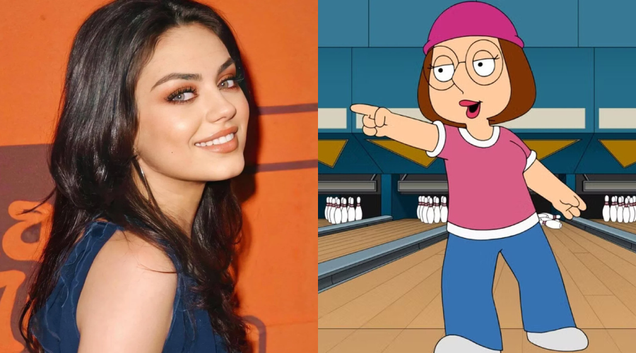 A woman with long dark hair smiles at the camera on the left; on the right, an animated character with glasses and a pink hat points while bowling in a cartoon setting.