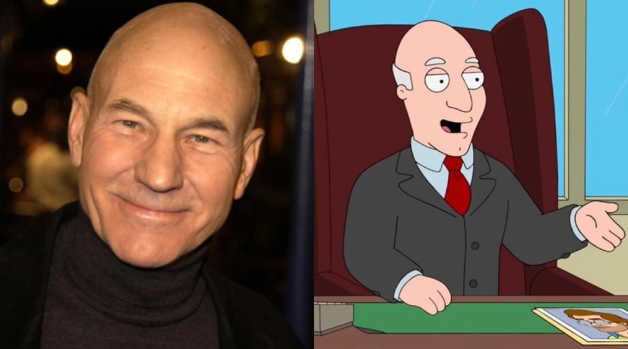 A smiling bald man in a dark turtleneck is shown on the left, while on the right is an animated character with similar features, wearing a suit and sitting at a desk, gesturing with one hand.