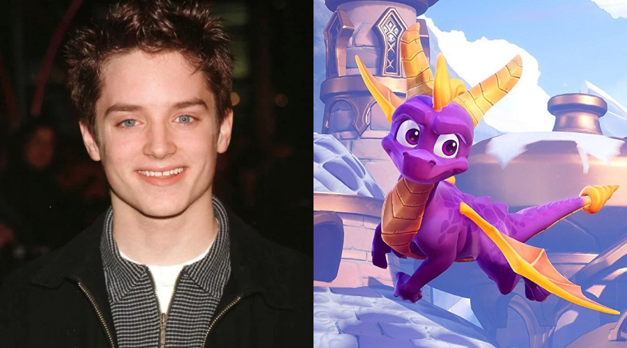 A split image: on the left, a young man with short brown hair and blue eyes smiles at the camera; on the right, a cartoon purple dragon with yellow horns and wings flies in a colorful fantasy landscape.