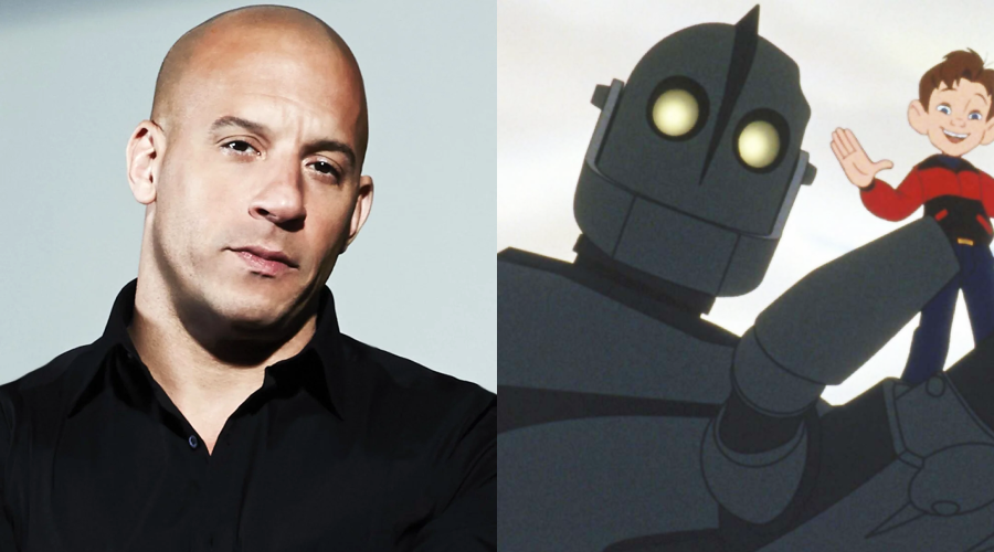 A split image shows a man in a black shirt on the left and an animated robot holding a smiling boy on the right. The robot has glowing eyes, and the boy waves enthusiastically.