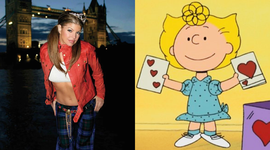 On the left, a woman in a red jacket and plaid pants poses near Tower Bridge at night. On the right, an animated girl with blonde hair and a blue dress holds two Valentine cards with hearts.