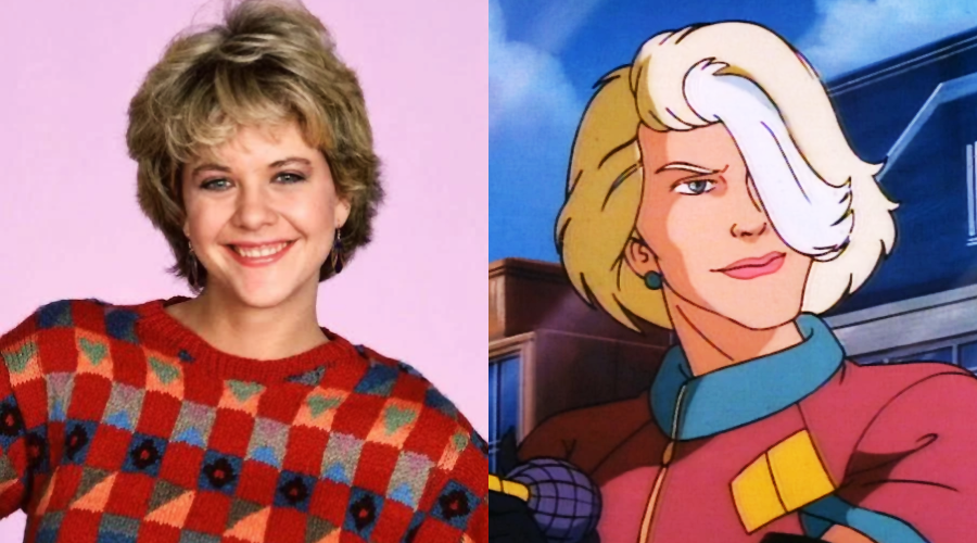 A young woman with short blonde hair and a red patterned sweater smiles on the left; on the right is an animated character with similar blonde hair, earrings, and a confident expression, wearing a red and teal outfit.
