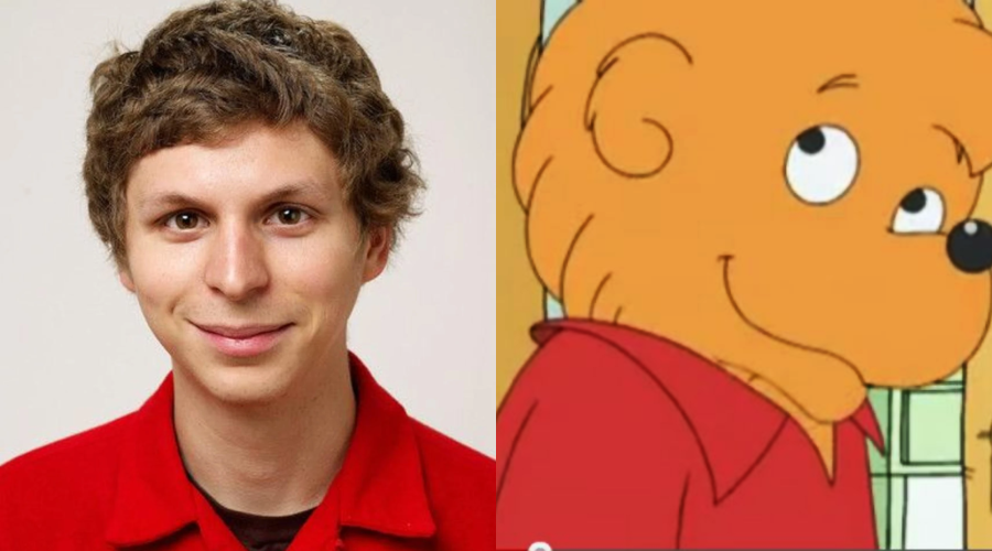 A young man with curly brown hair and a red collared shirt is on the left, next to an illustrated bear wearing a similar red collared shirt on the right. Both are smiling slightly.