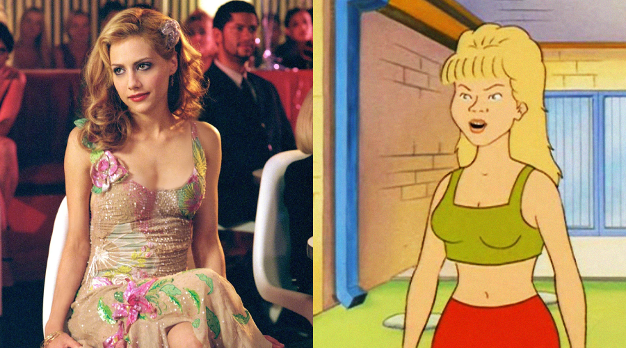 A split image: on the left, a woman with wavy blonde hair in a floral dress sits at a club; on the right, an animated character with blonde hair wears a green crop top and red pants, standing indoors.