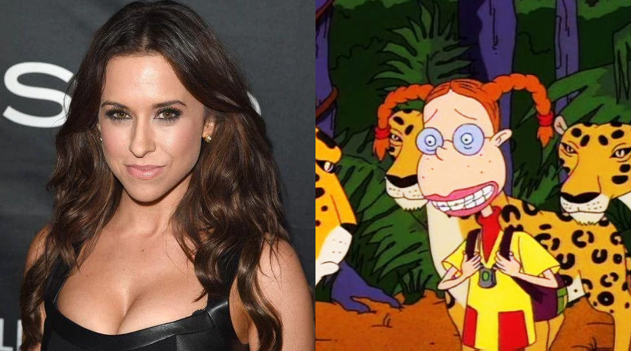 A split image: on the left, a woman with long wavy brown hair in a black outfit smiles at the camera; on the right, an animated girl with red braids, glasses, and braces stands in a jungle with leopards behind her.