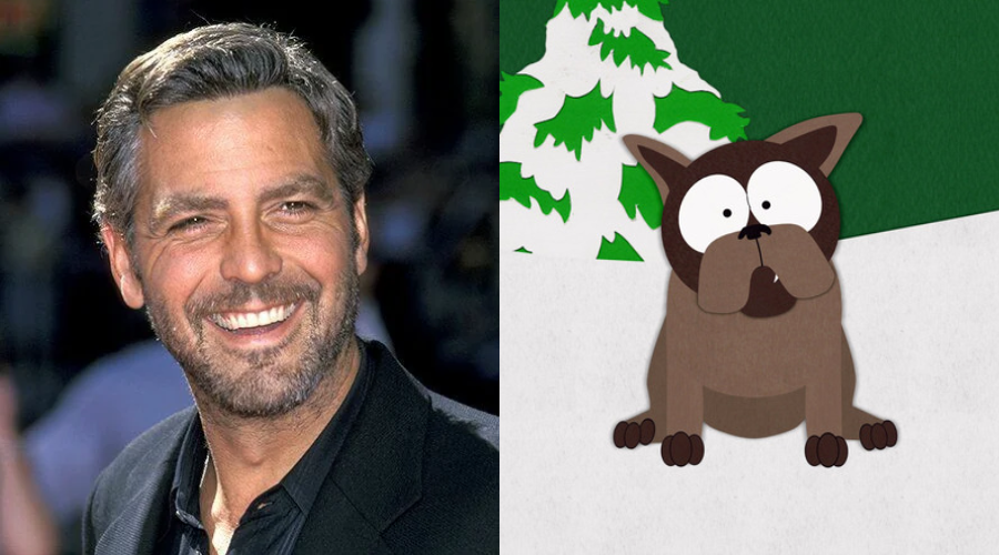 A man smiling in a suit on the left, and an animated brown dog with wide eyes on a snowy background with green trees on the right.
