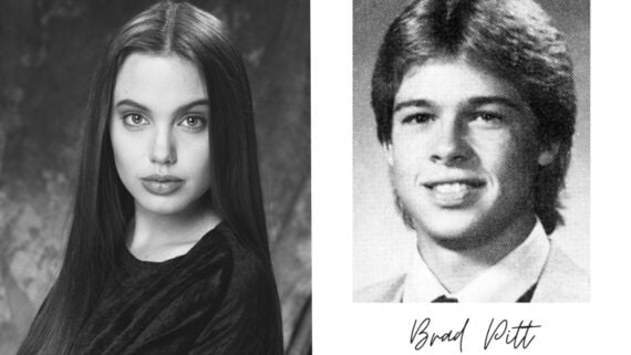 A black-and-white photo of a young woman with long dark hair and serious expression next to an old yearbook-style photo of a young man with short hair, dressed in a suit and tie with "Brad Pitt" handwritten below.