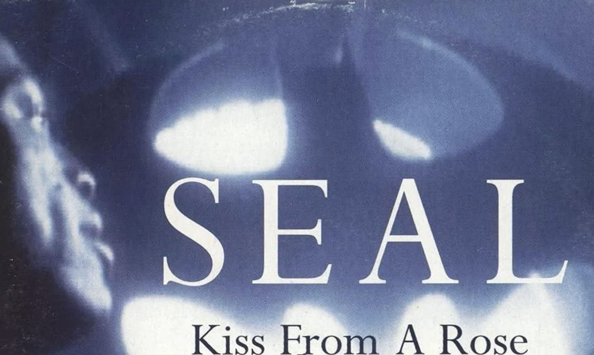 Close-up of a man's face on the left, with the Bat-Signal in the background. Large text reads "SEAL" and below it, "Kiss From A Rose." The overall image has a blue tint.