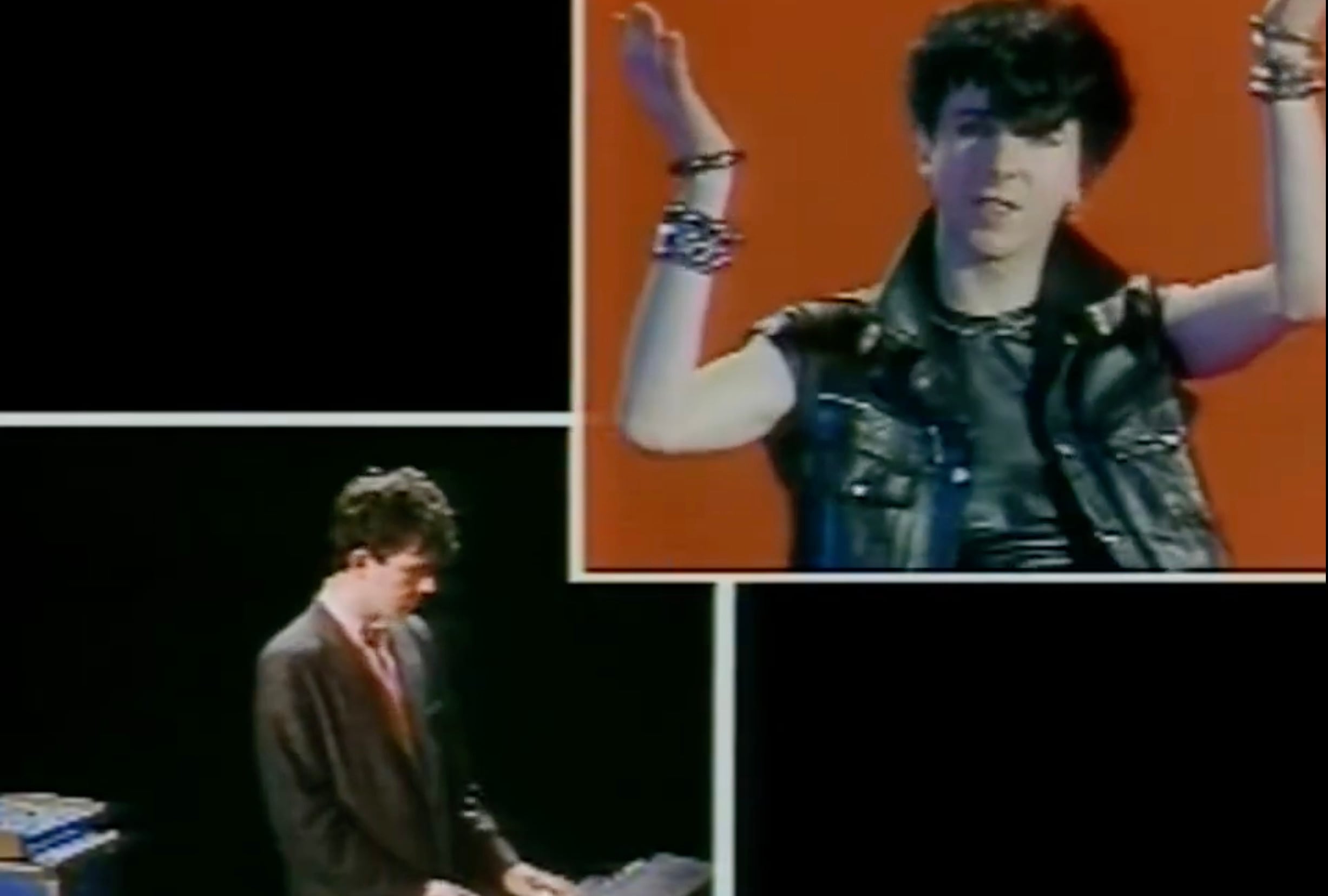 A split-screen image shows a man in a black leather vest raising his arm against an orange background, while another man in a suit plays a keyboard against a black background.