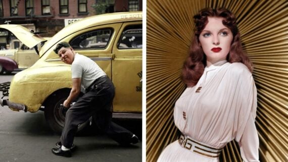 A split image: on the left, a man in a white shirt changes a tire on a yellow car with its trunk open; on the right, a woman with wavy red hair poses in a white dress against a gold, radiating background.