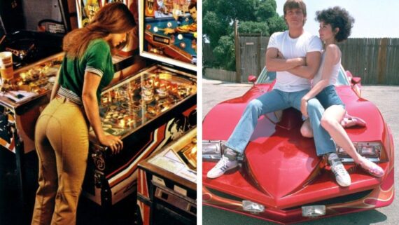 A split image: on the left, a woman plays a vintage pinball machine; on the right, a man and woman sit on the hood of a bright red classic sports car outdoors.