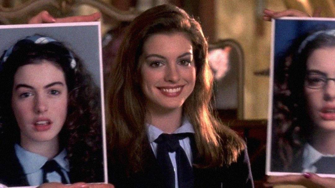 A young woman with straightened hair and a big smile sits between two photos of herself; one shows her with frizzy hair and no glasses, the other with glasses and frizzy hair. She is wearing a school uniform.