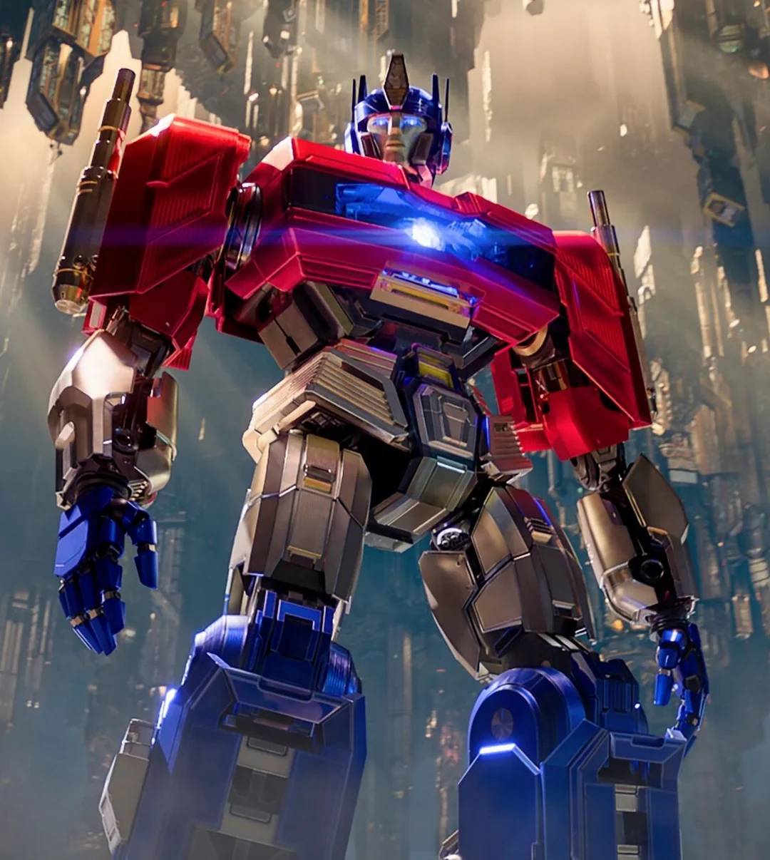 A large, robotic figure with red, blue, and silver armor stands heroically, glowing blue lights on its chest and eyes, with a futuristic cityscape in the background.