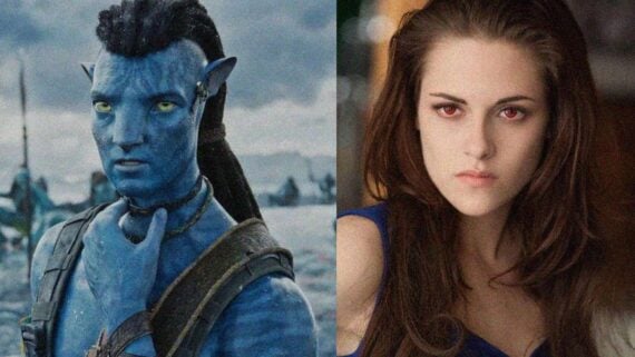 Split image showing Jake Sully from Avatar and Bella Swan from Twilight representing iconic 2000s movie moments