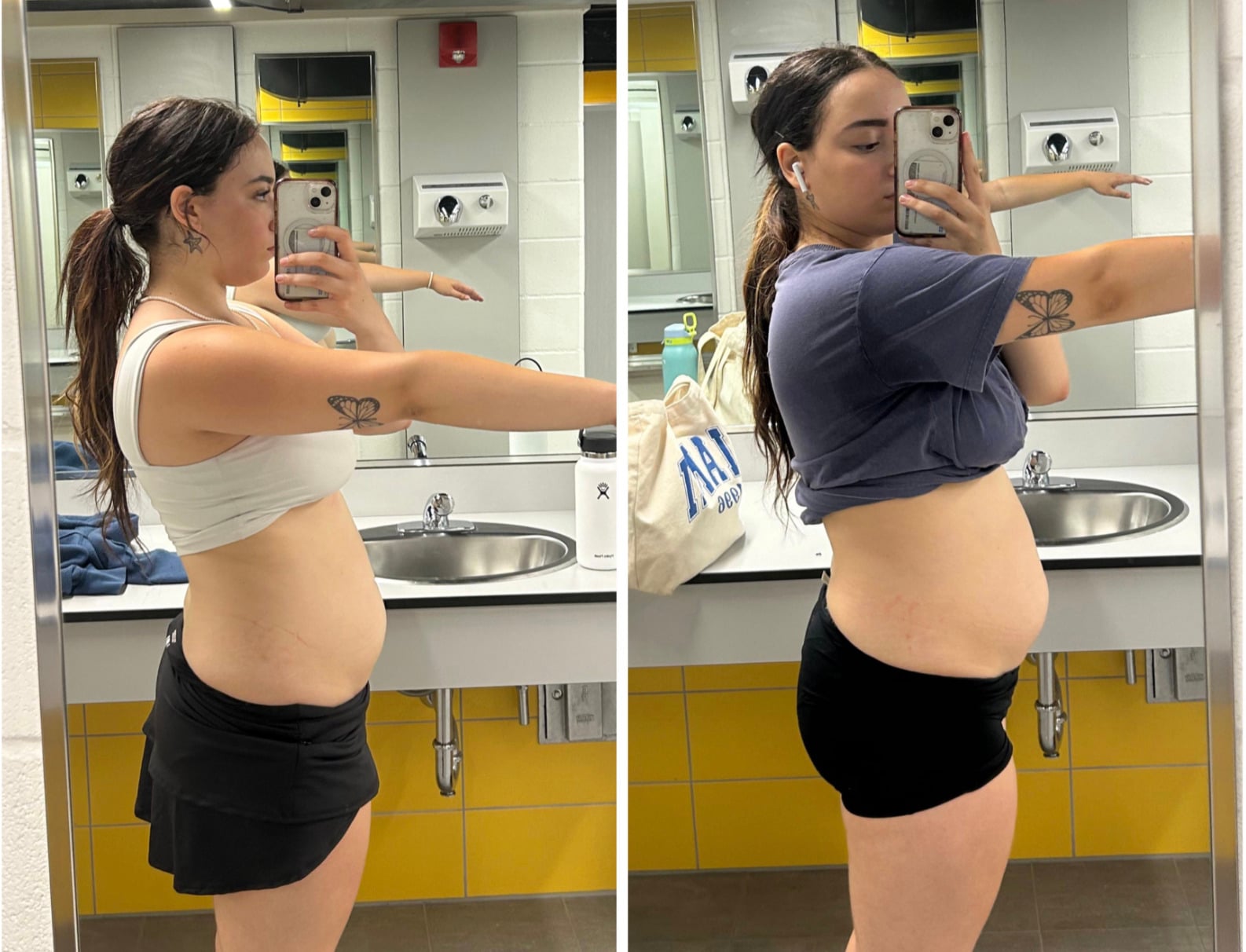 Two side-by-side selfies of a woman in a bathroom mirror, showing her profile. In both, she holds her phone, arm extended, wearing different shirts and shorts, highlighting her midsection in each photo.