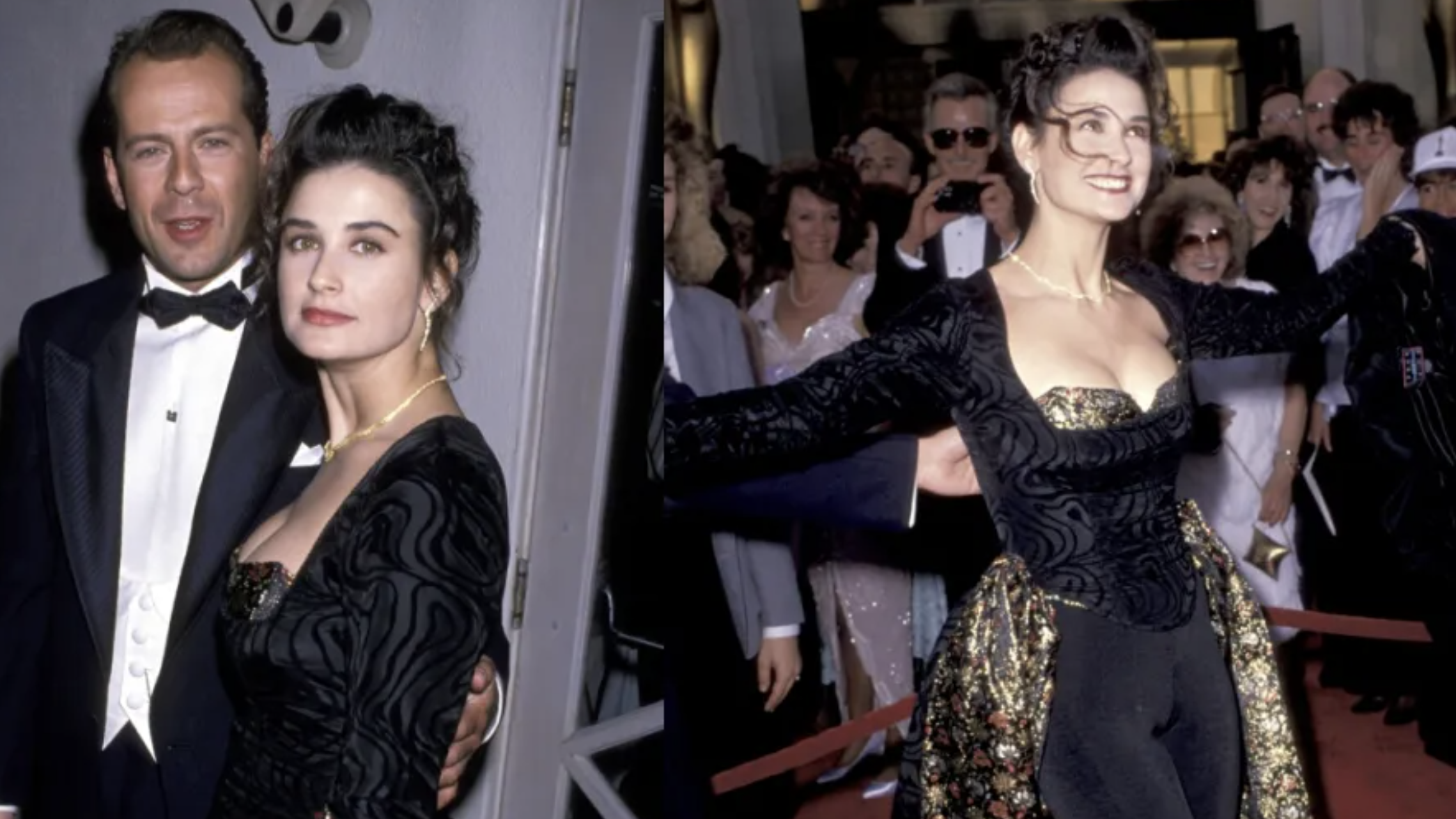 Two photos: On the left, a man in a tuxedo with a woman in a textured black and gold dress posing together. On the right, the woman smiles with arms outstretched on a red carpet, surrounded by people.