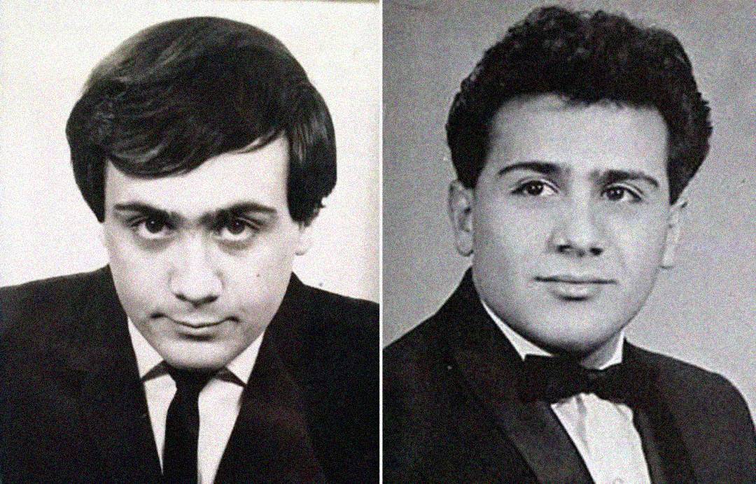 Two young men in black and white portrait photos side by side. The man on the left has straight dark hair and wears a suit and tie; the man on the right has curly hair and wears a tuxedo with a bow tie.