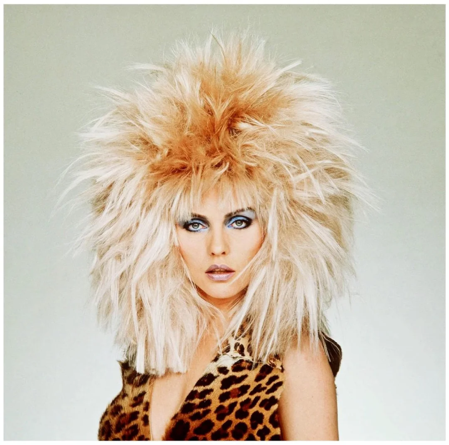 A woman with dramatic, voluminous platinum blonde hair styled wildly, wearing bold blue eye makeup and a sleeveless leopard print top, poses against a plain light background.