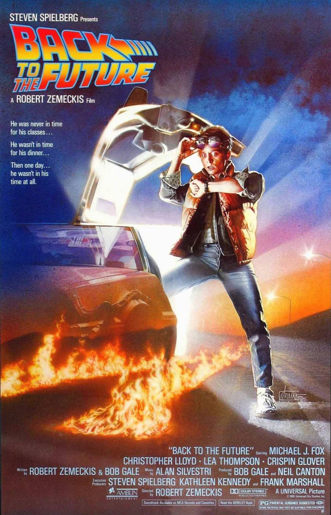 Movie poster for "Back to the Future" featuring a young man in a vest and jeans checking his watch beside a DeLorean car with its gull-wing door open, leaving flaming tire tracks behind.