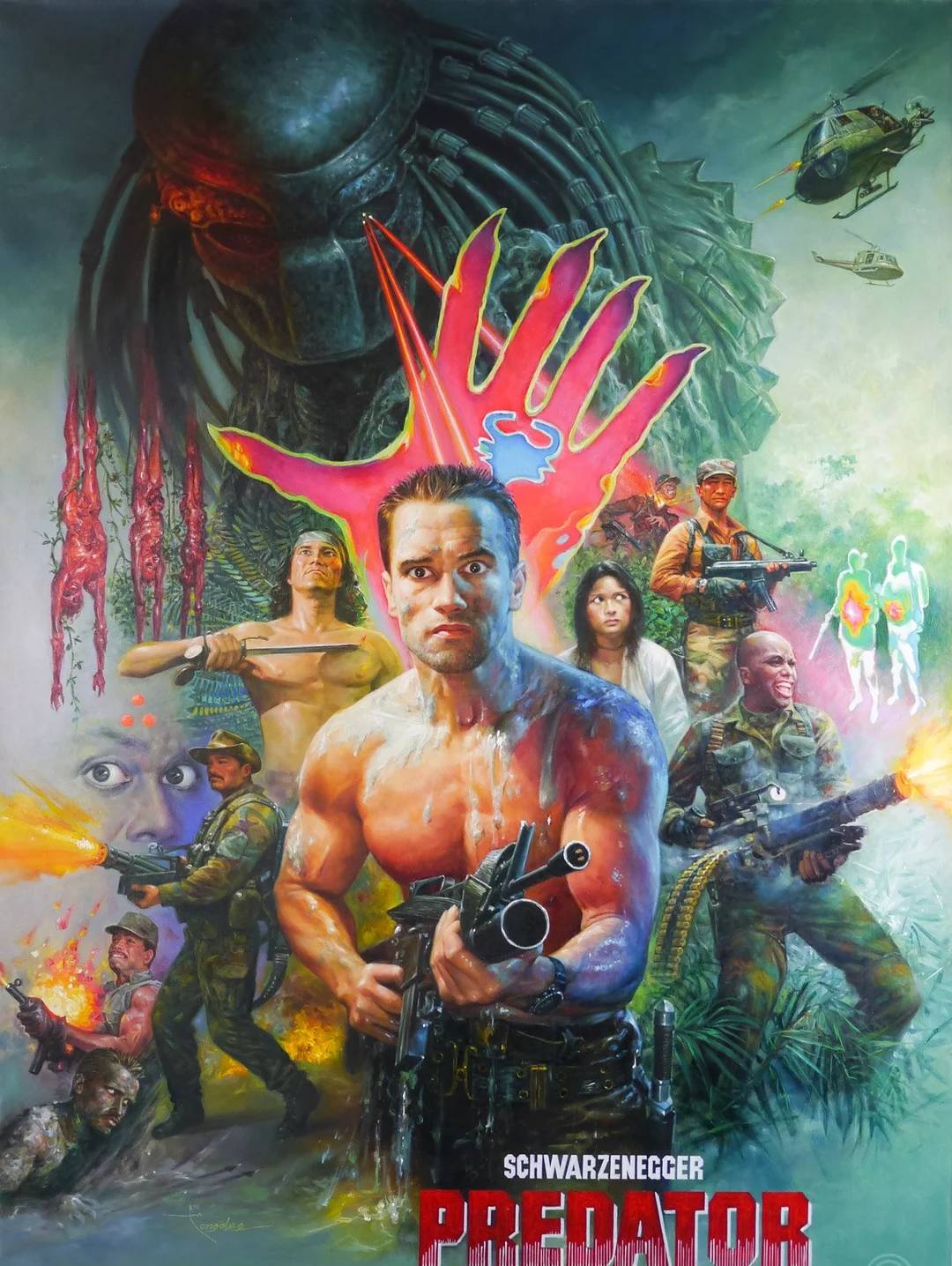 A dramatic movie poster for "Predator" shows a muscular man holding a gun in the center, surrounded by soldiers, an ominous alien figure, jungle scenes, and explosions in the background.