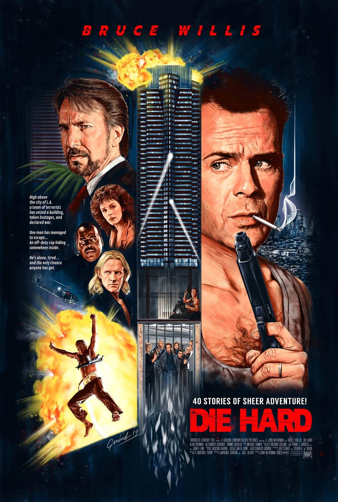 A stylized movie poster for "Die Hard" featuring Bruce Willis holding a gun, an exploding skyscraper, other characters' faces, and scenes of action, fire, and danger. Bold red text reads “Die Hard.”