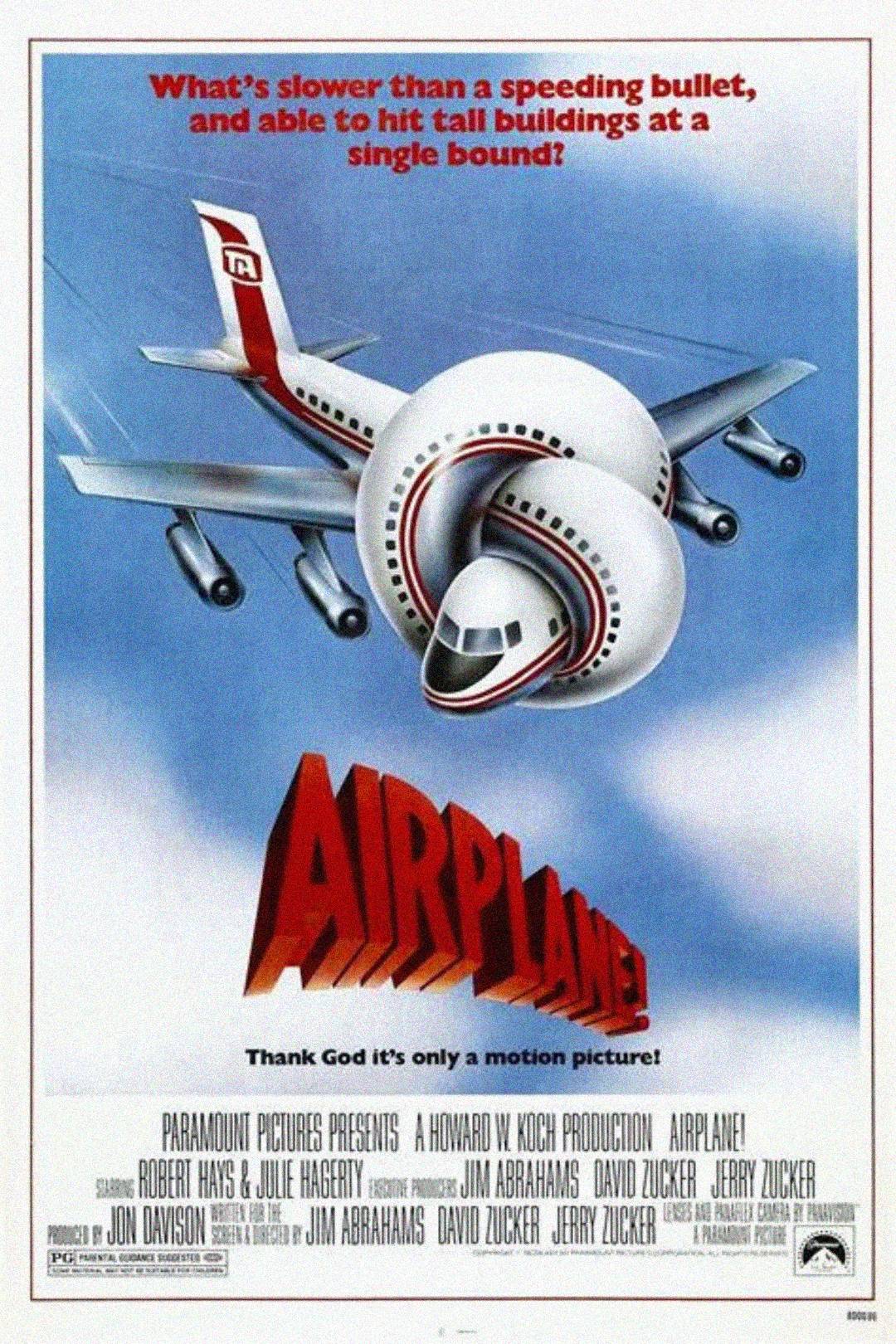 A cartoon airplane with a twisted, knotted fuselage flies in the sky with a surprised expression. Above, red text asks, "What's slower than a speeding bullet, and able to hit tall buildings at a single bound?" The title "AIRPLANE!" is below.