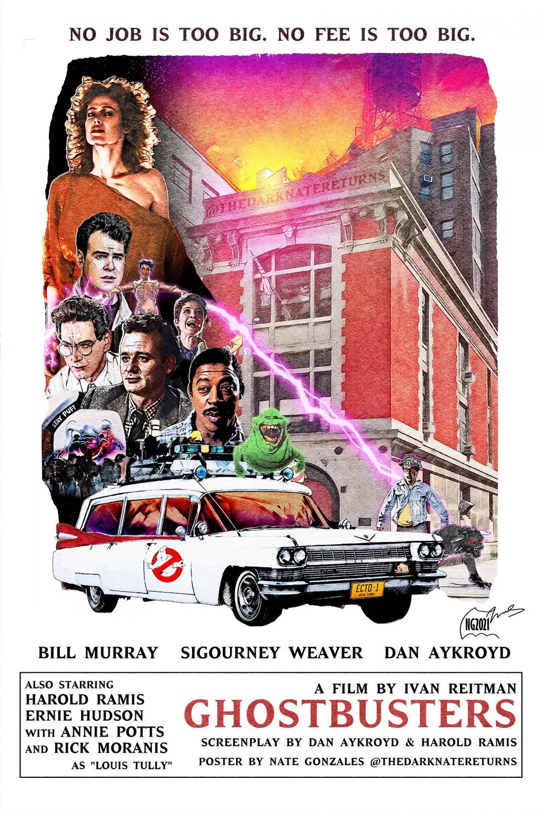 A vibrant illustrated movie poster for Ghostbusters features the main cast, the Ecto-1 car, proton streams, and a haunted building, with the tagline "No job is too big. No fee is too big." at the top.