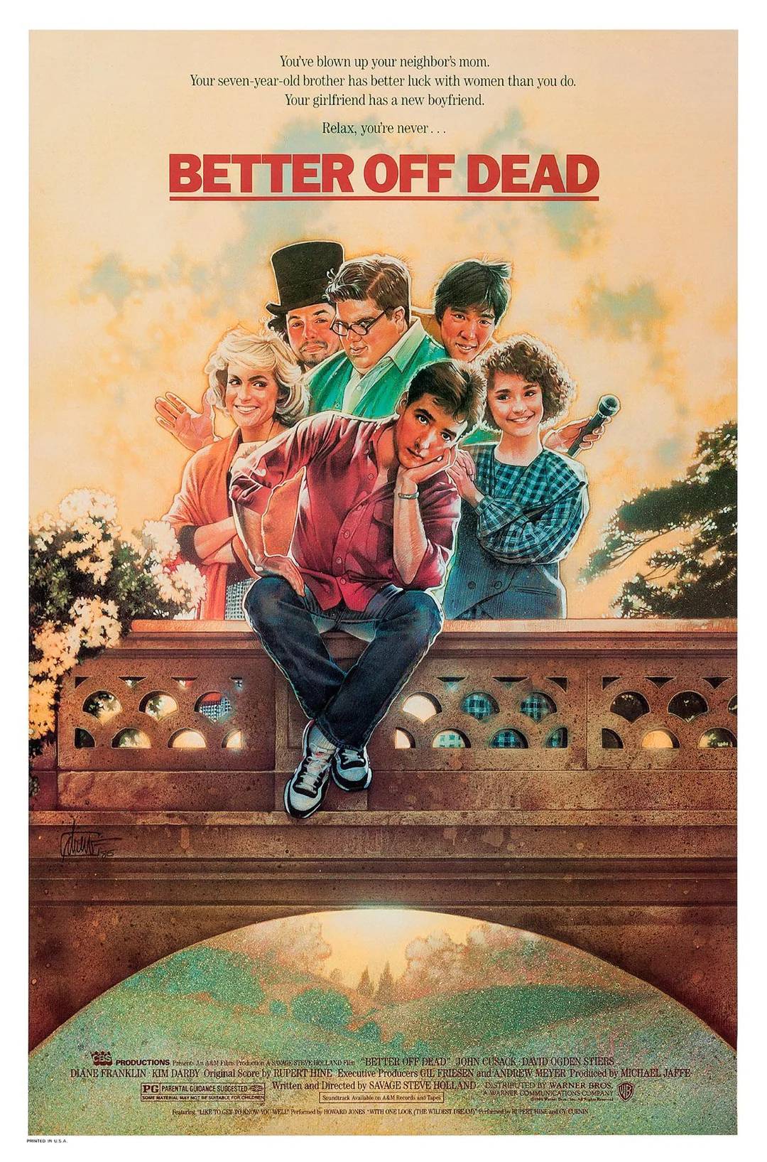 A young man sits on a bridge looking thoughtful, surrounded by five smiling people with a pastel-colored sky behind them. Text at the top and "Better Off Dead" in bold red letters appear above the group.