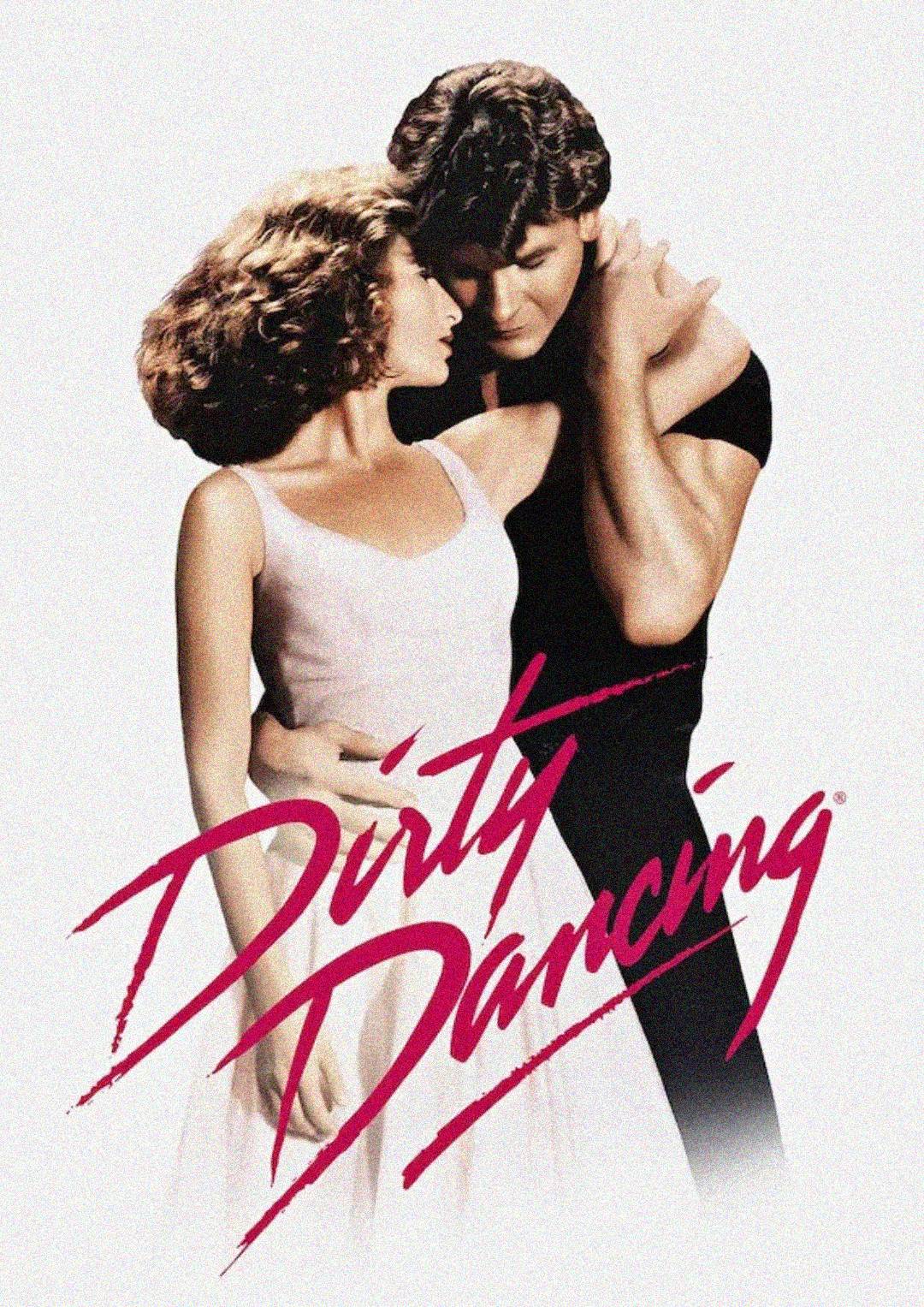 A man and woman dance closely, gazing into each other's eyes. The man wears a black shirt and pants, while the woman wears a white dress. The text "Dirty Dancing" appears in bold pink script across the image.