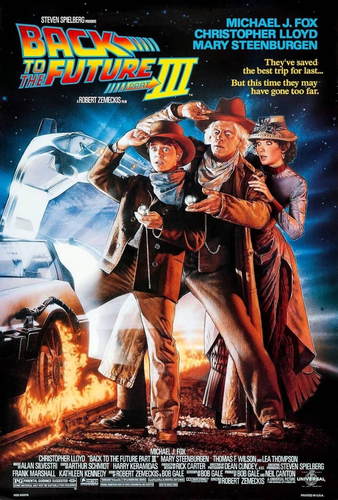 Poster for "Back to the Future Part III" showing three characters in Western outfits looking surprised, standing beside a DeLorean car with lightning and flames, against a dramatic sky. Title and credits are at the top and bottom.