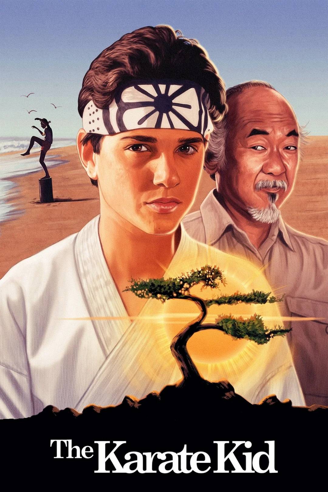 An illustrated poster for "The Karate Kid" shows a young man in a karate uniform and headband, an older man behind him, a bonsai tree, and a silhouette of a person posing on a wooden post at the beach.