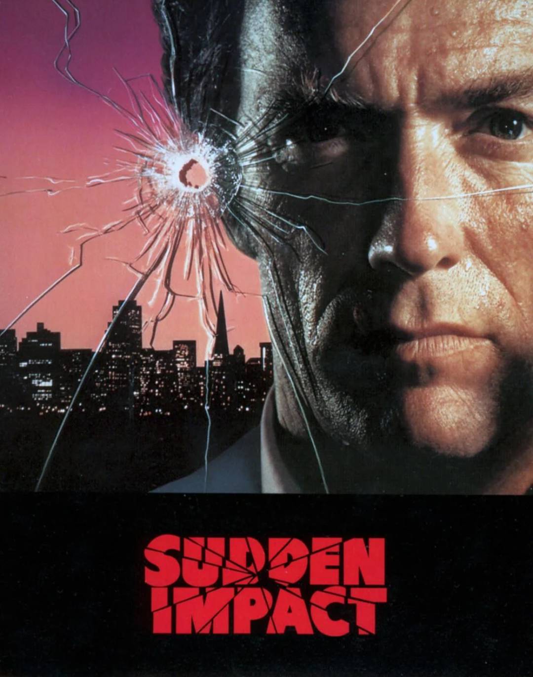 A close-up of a serious man’s face is shown against a city skyline at sunset. A bullet hole with cracks is over his eye. Bold red text at the bottom reads "Sudden Impact.