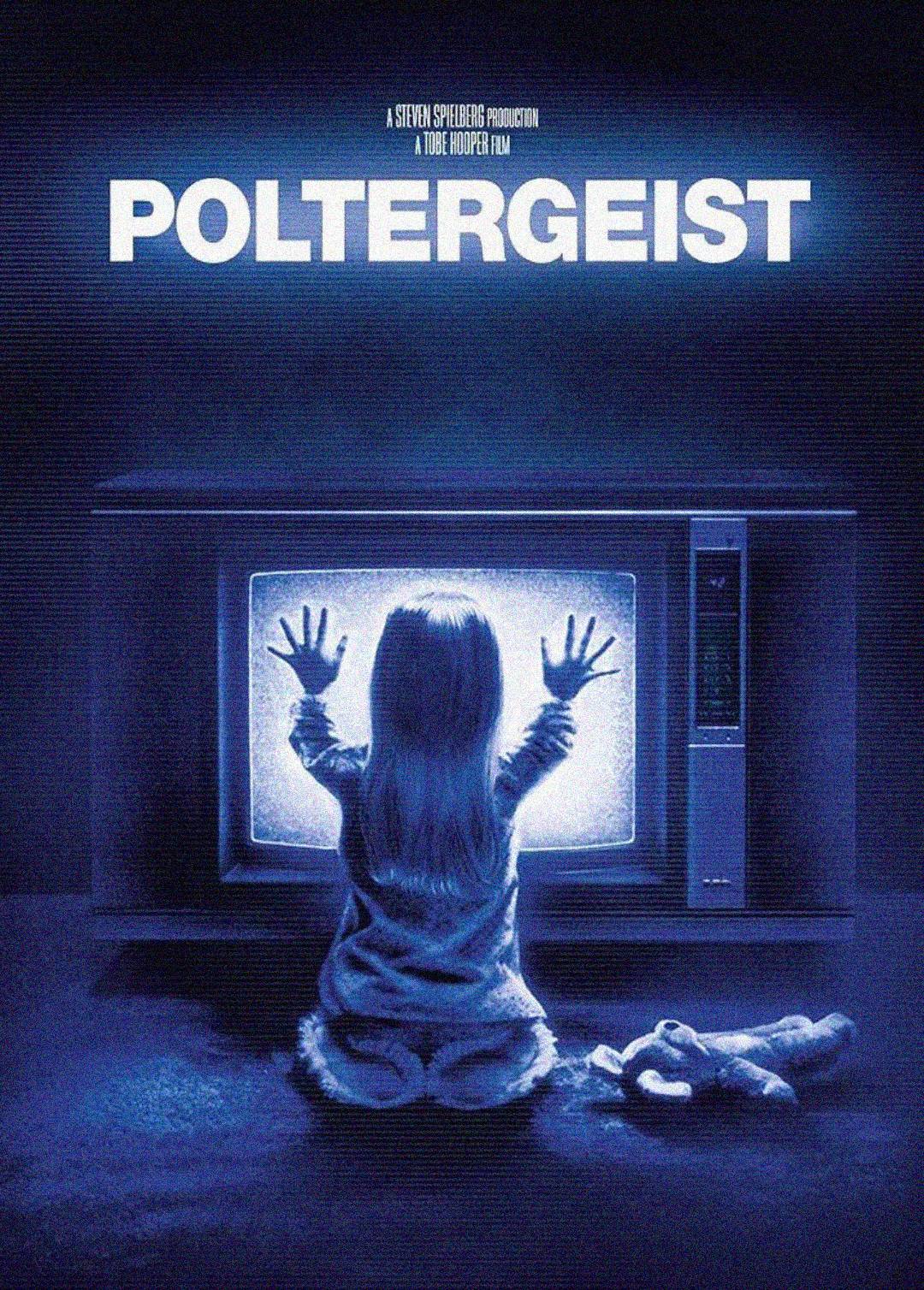 A young child sits in front of a glowing TV screen with hands pressed against it, bathed in blue light. The word "POLTERGEIST" appears above in bold white letters. A stuffed toy lies on the floor nearby.