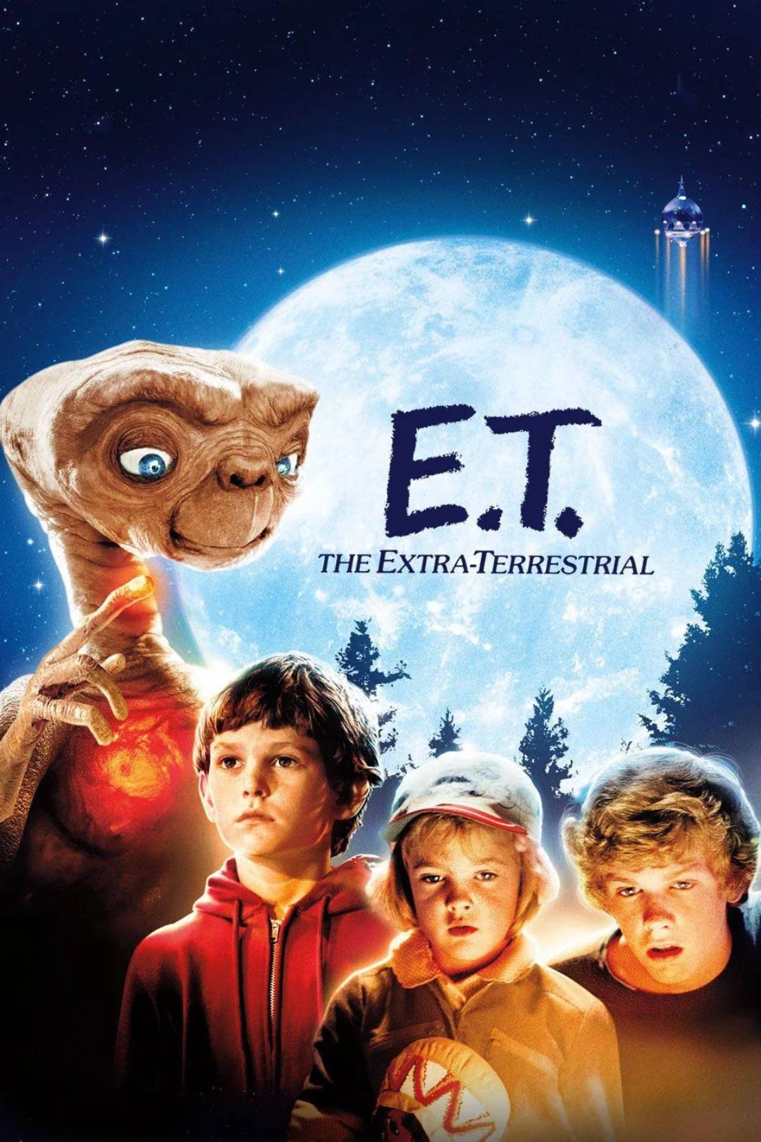 A large moon glows behind E.T., an alien, and three young boys. The movie title "E.T. The Extra-Terrestrial" appears in blue letters, with a forest and starry night sky in the background.