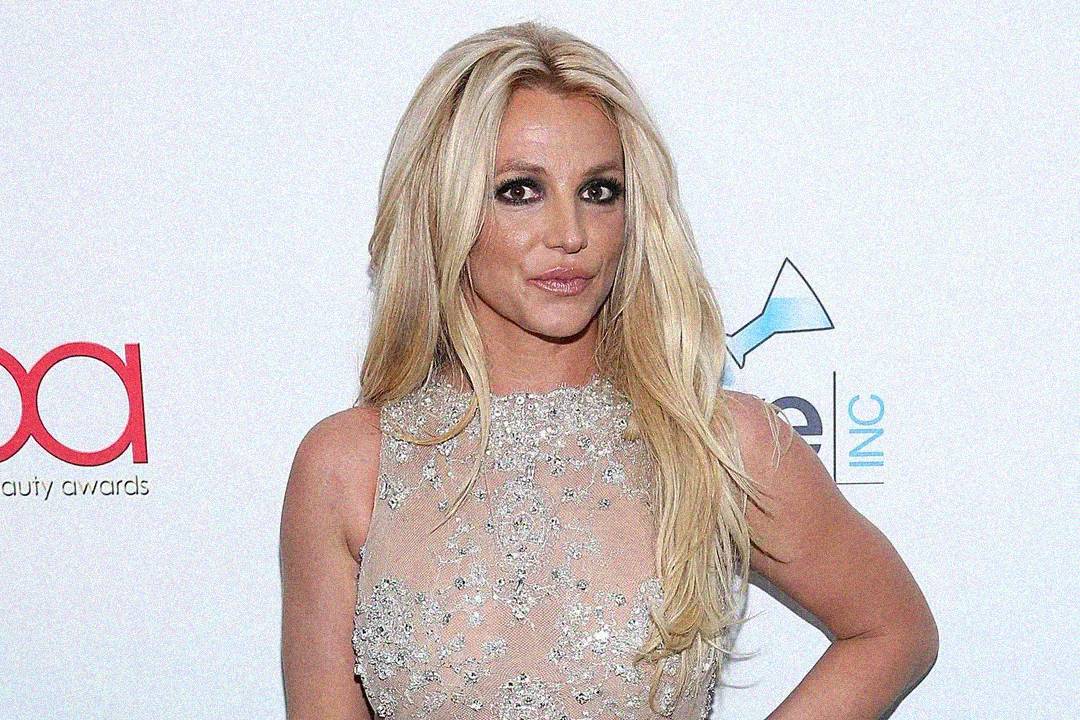 A woman with long blonde hair wearing a sheer, sleeveless, floral-embroidered dress poses in front of a white backdrop with red and blue logos.