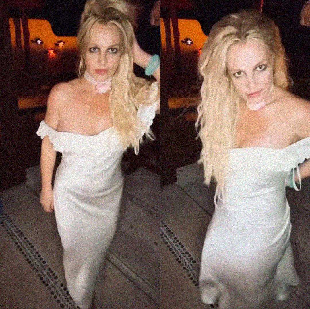 A woman with long blonde hair wears an off-the-shoulder white dress and a pink choker, posing confidently indoors with soft, warm lighting. The image is split into two similar side-by-side shots.