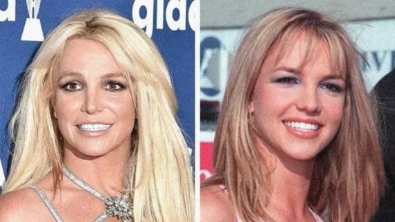Side-by-side photos of Britney Spears smiling with long blonde hair in early 2000s and later years
