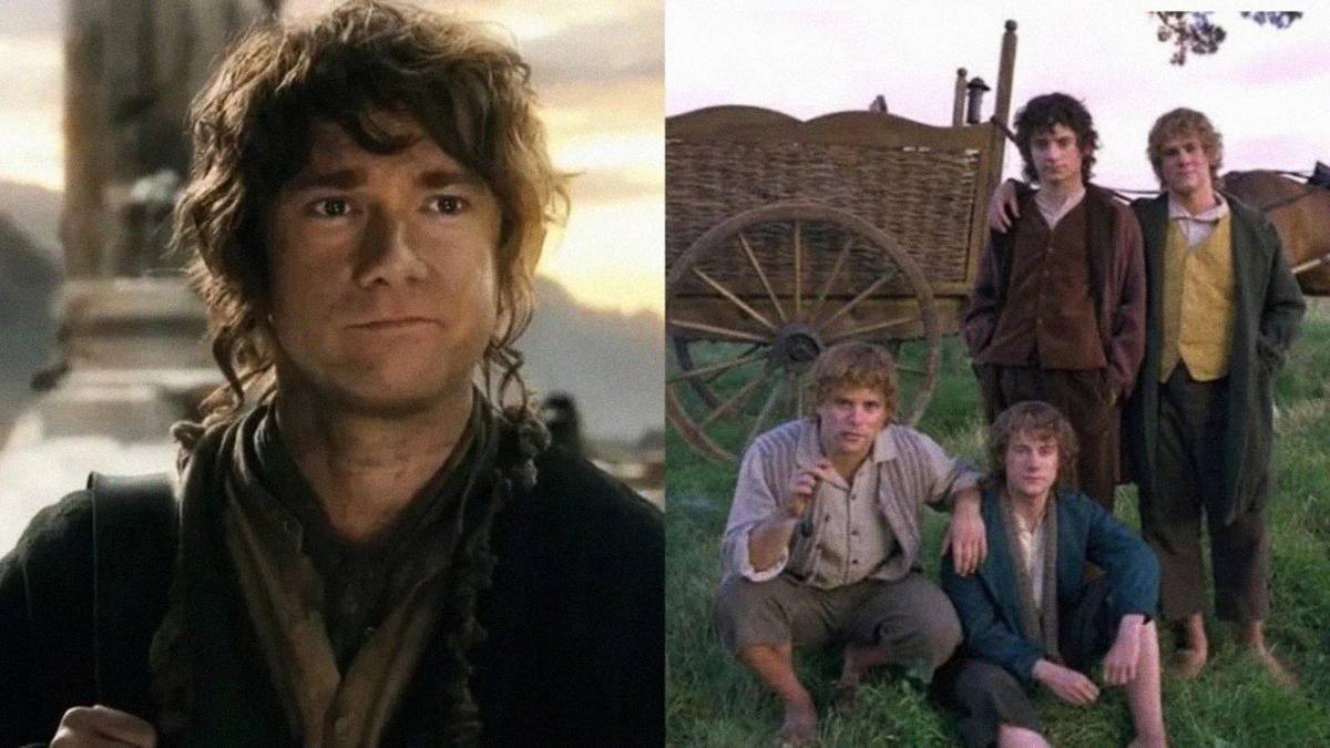 A split image: on the left, a person with curly hair stands outdoors looking thoughtful; on the right, four people in rustic clothing pose together near a wooden cart on grassy ground.