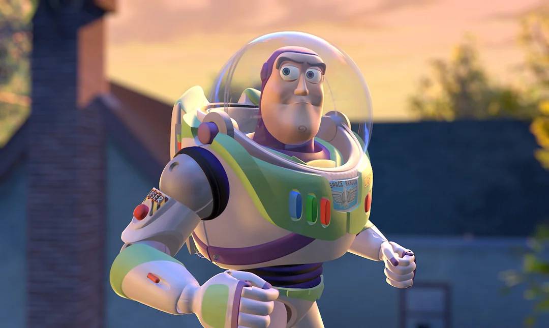 Buzz Lightyear, a space ranger toy in a white, green, and purple spacesuit with a clear helmet, stands outdoors with a determined expression, against a blurred background of a house and sky.