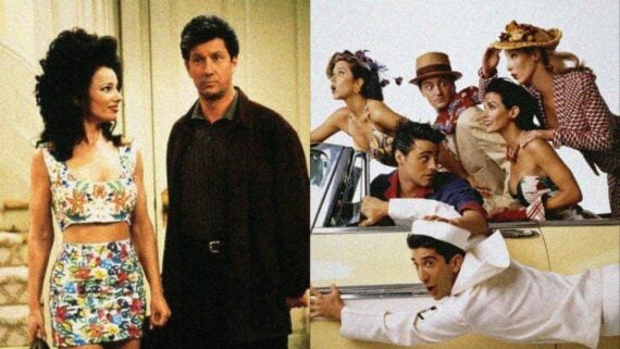 Collage featuring The Nanny and Friends cast representing iconic 90s sitcoms