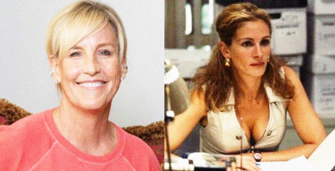 Split-screen image: On the left, a blonde woman in a pink top smiles at the camera. On the right, a woman with brown hair in a vest sits at a desk, looking focused, surrounded by office supplies and boxes.